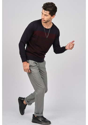 Desen Triko Erkek Bisiklet Yaka Desenli Yün Kazak 0249639 Laciver Lacivert