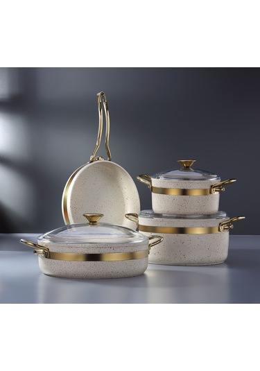 Bonera Nil 7 Parça Granit Tencere Seti Krem - Gold Krem