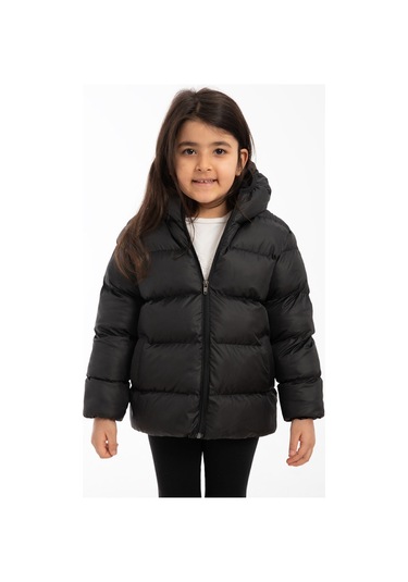 Kız Çocuk Siyah İçi Polarlı Kapüşonlu Su Geçirmez Rüzgara Dayanıklı Şişme Kışlık Mont & Kaban Siyah
