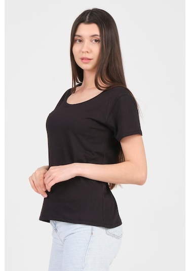 As Collection Siyah Kayık Yaka Kısa Kol Örme Kadın T-shirt Siyah