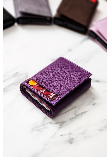 Otomatik Mekanizmalı Deri Cüzdan Kartlık Portföy Mürdüm