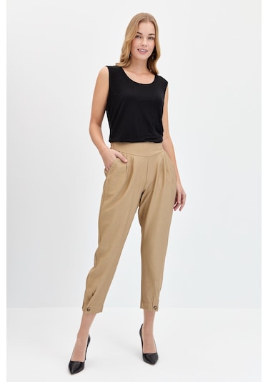 Kadın Geniş Kemerli Paçası Düğmeli Keten Pantolon Camel Camel