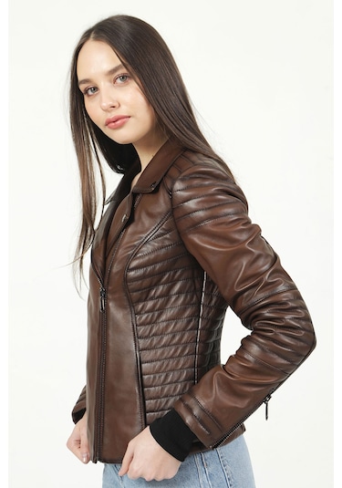 Dericlub Yb-2164 Gerçek Deri Kadın Mont Camel