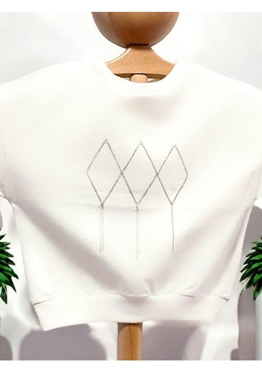 Kız Çocuk Mevsimlik Pamuklu İki İplik Zincirli Sweatshirt-15447 Ekru