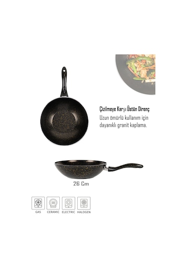 Bonetti Granit Siyah Wok Tava 28 Cm Yapışmaz Yüzey Siyah