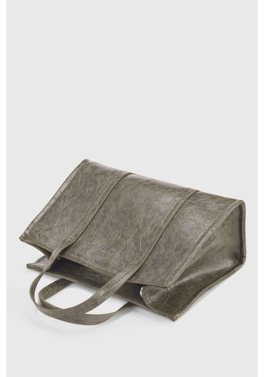 Housebags Haki Deri Görünümlü Çift Askılı Tote Bag 253 Haki