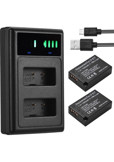 Geeksen Led Göstergeli Lp-e17 Pil Şarj Cihazı + 2 Adet Lp-e17 Pil 7.4v 1500mah Usb Şarj Kablosu Eos 200d/ 750d/ 760d/ 800d/ 8000d/ M3/ M6/ T6i Kameralar İçin-siyah