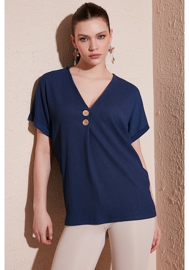 Lela Düğme Detaylı V Yaka Bayan Bluz 5865567 Indigo