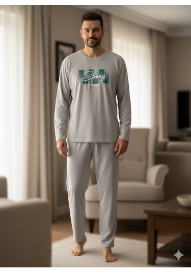 Erkek Uzun Kol Pijama Takım Açık Gri