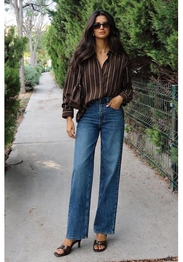 Lijuri Çizgili Oversize Kesim Gömlek 3505 Kahverengi