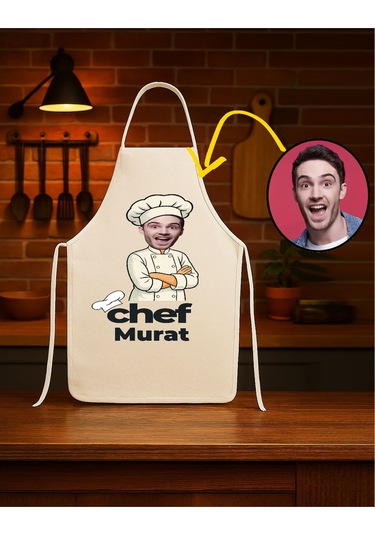Kişiye Özel Karikatür Fotoğraflı Ve İsimli Mutfak Önlüğü Chef Tasarımlı 1 Krem