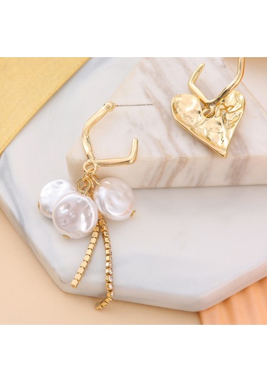 Moveevo Asimetrik Gümüş Kalp Modeli Barok Inci Tassel Küpe, Günlük Ve Bayram Giyimleri İçin Şık Dekoratif Aksesuar Gold