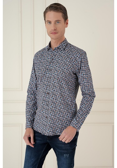 Slim Fit Baskılı %100 Pamuk Spor Mavi Gömlek G 1586 Mavi