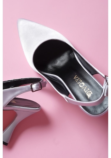 Rozalinda Gri Saten Önü Sivri Günlük Kullanım Topuklu Ayakkabı Gri Saten