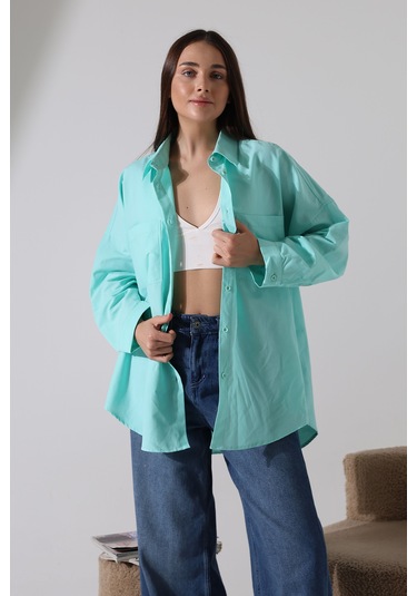 Yeni Sezon Poplin Kumaş Çift Cepli Oversize Pamuklu Kadın Tunik Gömlek Turkuaz