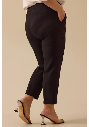 Galaxi Kadın Büyük Beden Beli Büzgülü Duble Paça Pantolon 4027 Siyah Siyah