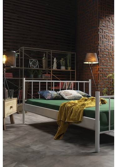 Falez Çift Kişilik Ferforje Metal Karyola-beyaz Ahşap Latalı