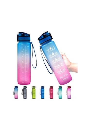 Novahub Motivasyonlu Zaman İşaretli 1l Spor Su Matarası - Koşu, Yoga, Kamp İçin Mavi Mavi