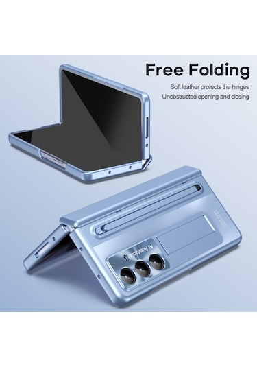 Samsung Galaxy Uyumlu Z Fold7 5g Kılıf, Temperli Cam Filmli, Kalemli, Ayaklı Menteşeli Pc Telefon Kılıfı - Mavi Mavi
