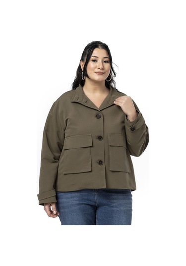 Büyük Beden Dik Yaka Kapaklı Torba Cepli Astarlı Kısa Haki Trençkot Haki