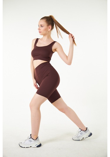 Yeşil Fitilli Kare Yaka Esnek Örme Crop Büstiyer Atlet Kahverengi