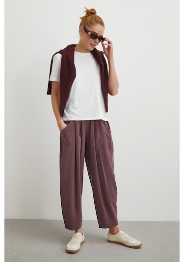 Never More Bağcıklı Beli Lastikli Pileli Pantolon Mürdüm Mürdüm