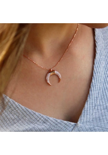 Zirkon Taşlı Hilal Kadın 925 Ayar Gümüş Kolye-2171