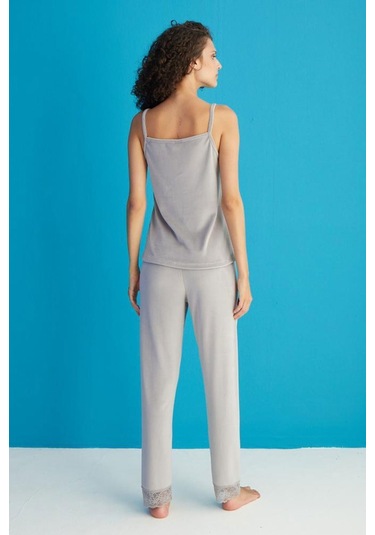 Kadın 13402-1 Dantelli Sabahlık Kadife Pijama Takım GRİ-GRİ Gri