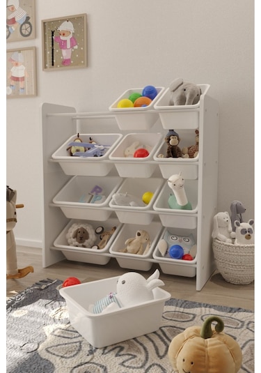 12 Sepetli Çok Amaçlı Oyuncak Dolabı Montessori Dolap Beyaz