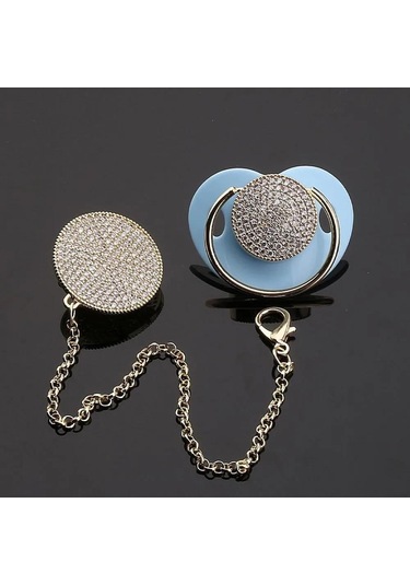 Zirkon Taşlı, Altın Renk Kaplama Emzik ve Zincir Seti(Açık Mavi) Mavi