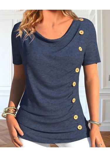 Kadın Degaje Yaka Düğme Detaylı Kısa Kollu Viskon Bluz