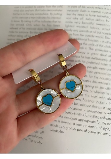 Kadın Sedefli Mavi Kalp Çelik Kararmaz Küpe Çifti