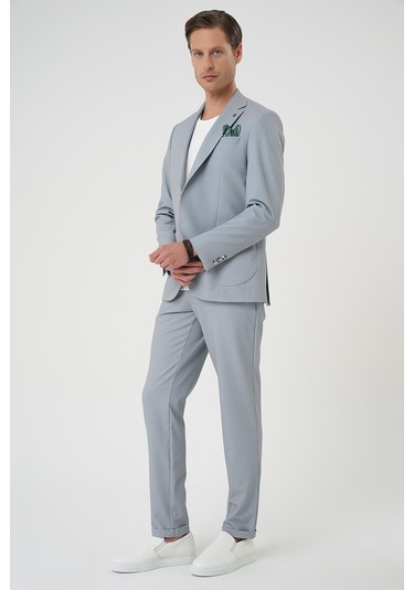 Comfort Fit Mono Yaka Çift Yırtmaç Torba Cep Kendinden Desenli Casual Gri Ceket C 705 Gri