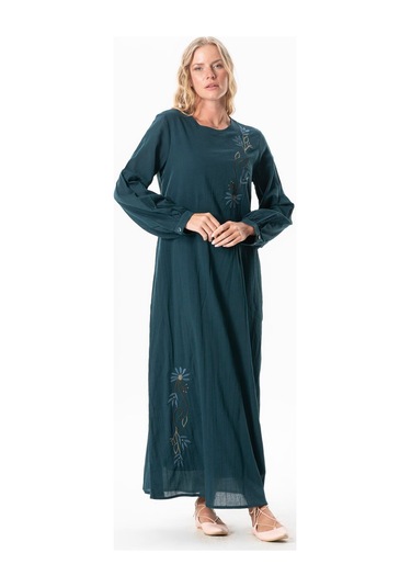 Uzun Kol Şile Bezi Gülşah Bisiklet Yaka Nakışlı Uzun Yazlık Elbise Petrol Ptrl Petrol