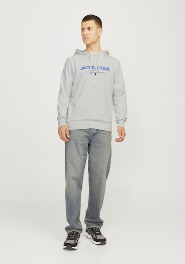 Jack & Jones Erkek Kapüsonlu Gögüs Logo Baskili Sweatshirt - Alvis 12256848 White Melange Gri