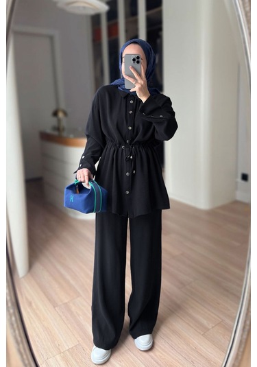 Ka Hijab Çıtçıt Detay Beli Büzgülü Takım - Siyah
