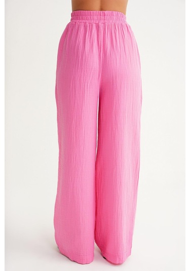 4286 Kadın Bol Paça Beli Lastikli Müslin Palazzo Pantolon Pembe Pembe