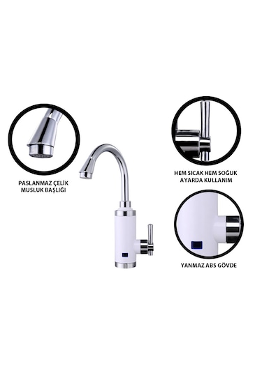 Elektrikli Sıcak Musluk Ani Su Isıtıcı Termal Şofben Musluk Asg4b Beyaz