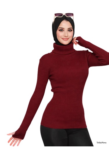 Trikonova Balıkçı Yaka Parmak Detaylı Bordo
