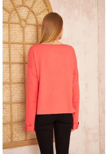 Kadın Ekstra Uzun Duble Kol / Yakası Yırtmaçlı Salaş Sweatshirt Bluz 3470190 Mercan