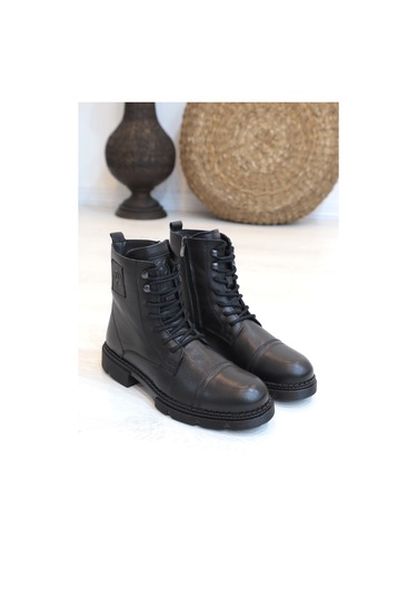 Konfores 1418 Anatomik Tabanlı Hakiki Deri Fermuarlı Erkek Spor B Siyah