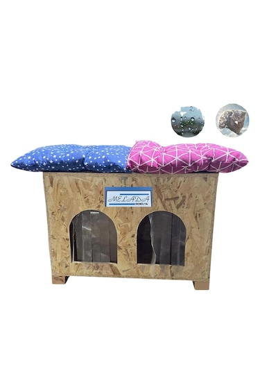 Reyo Kedi Evi Dış Ortam Uygun Ahşap Double Osb Minderli 61 x 41 CM