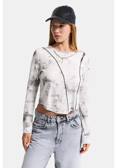 Itsbasic Kadın Beyaz W5 Baskılı Özel Elastan Kumaş Kolye Aksesuarlı Tasarım Body