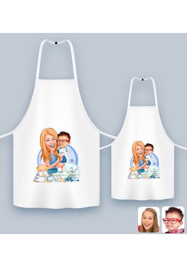 Bk Gift Kişiye Özel İkili Anne Oğul Karikatürlü Mutfak Önlüğü Seti, Anneye , Anneler Günü leri