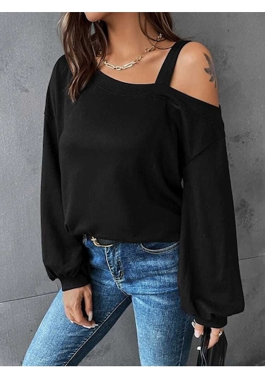 Kadın Uzun Kollu Tek Omuz Askı Detay Salaş Viskon Iki Iplik Bluz Bediva 001