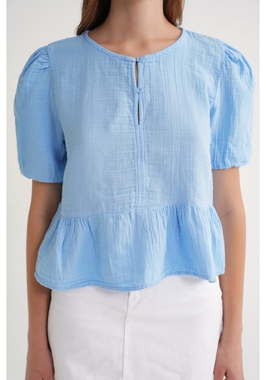 4713 Kadın Beli Büzgülü Kolu Lastikli Bol Müslin Bluz Bebe Mavi Bebe Mavi