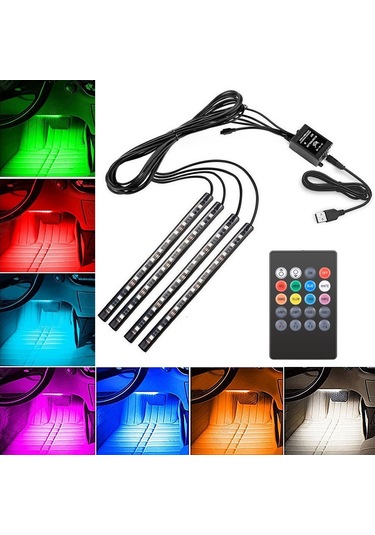 Geeroyoo Araç İç Led Işık Seti 48 Led 4x22cm - Usb Girişli, Müzik Rhytmi İle Renk Değiştirme, Kumanda Kontrol, Su Geçirmez