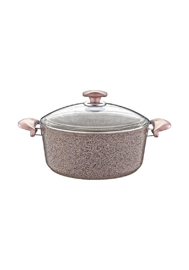 Oms Granit Cam Kapaklı Derin Tencere Kahve 22 CM