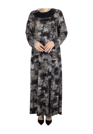 Kadın Desenli Kulplu Büyük Beden Anne Elbise Bordo