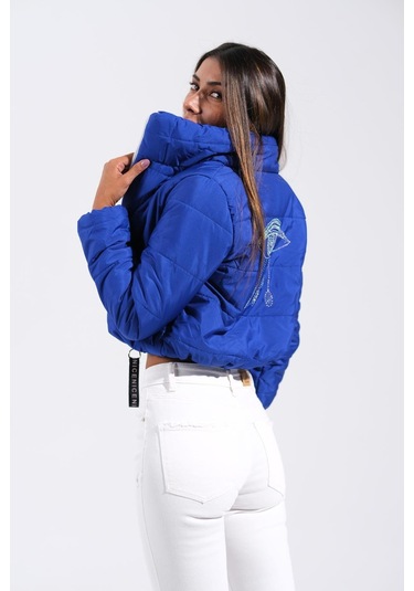 Kadın Saks Mavi Sırtı Taş Baskılı Dik Yaka Kısa Şişme Mont-saks Mavi Saks Mavi